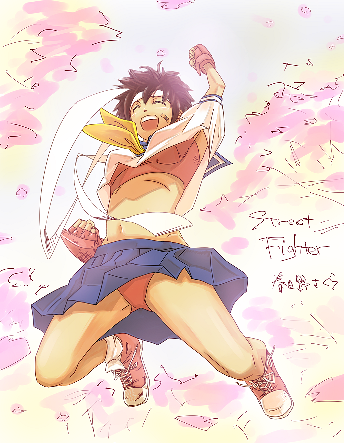 1girl, bandaid, brown_hair, buruma, buruma_under_skirt, clenched_hand, fingerless_gloves, fist_pump