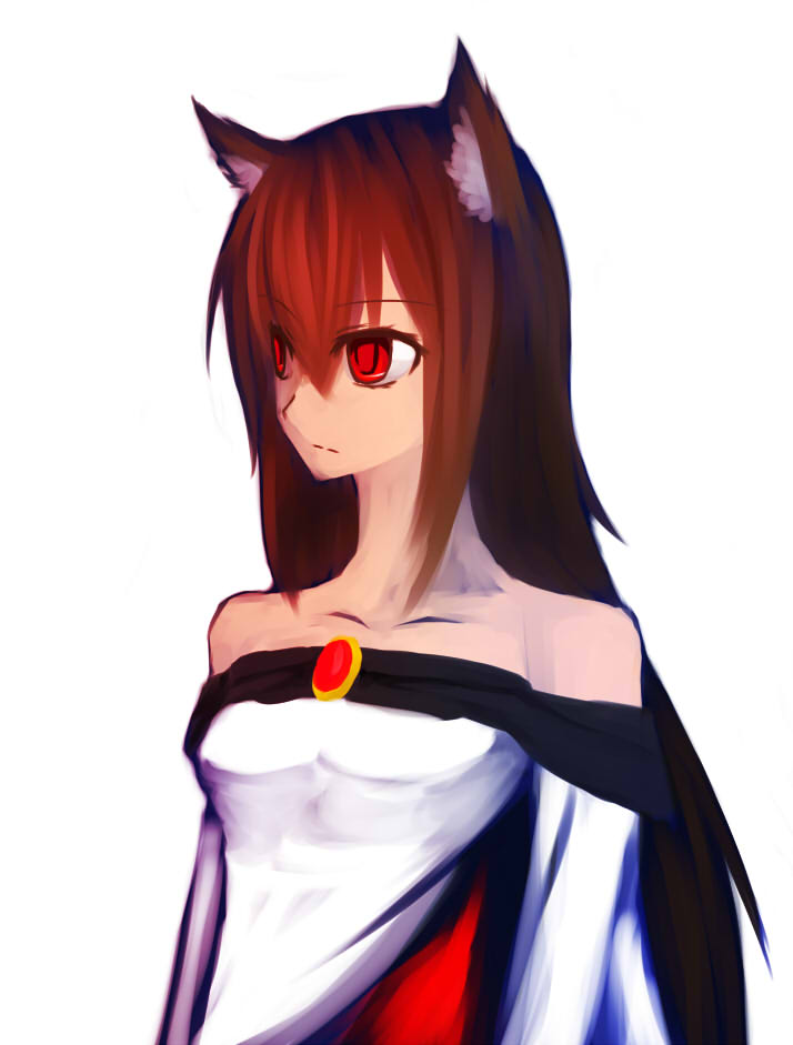 1girl, animal_ears, bare_shoulders, breasts, brooch, brown_hair, collarbone, dress, imaizumi_kagerou, jewelry, long_hair, looking_away, red_eyes, renshou_hito, simple_background, solo, touhou, white_background, wolf_ears