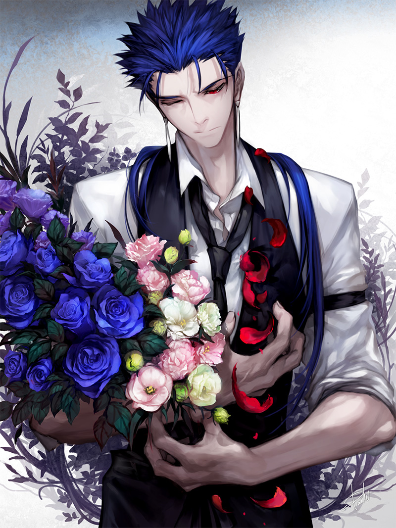 1boy, blue_hair, bouquet, earrings, fate/stay_night, fate_(series), flower, jewelry
