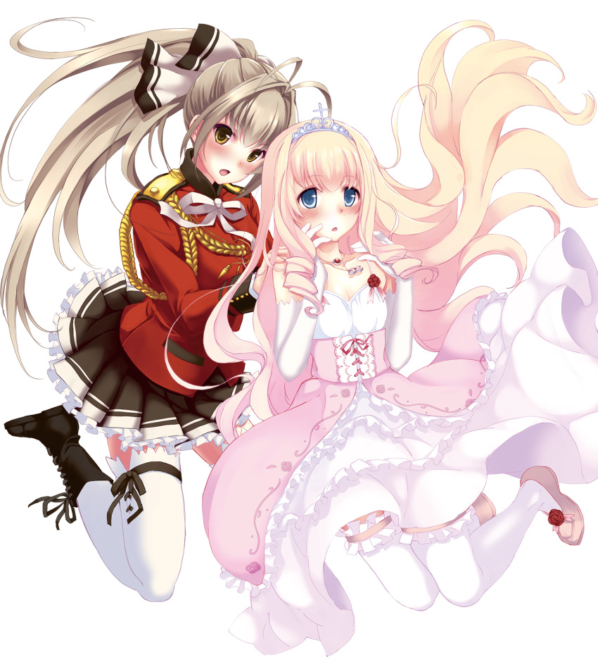 2girls, :o, aiguillette, amagi_brilliant_park, bare_shoulders, blonde_hair, blue_eyes, blush