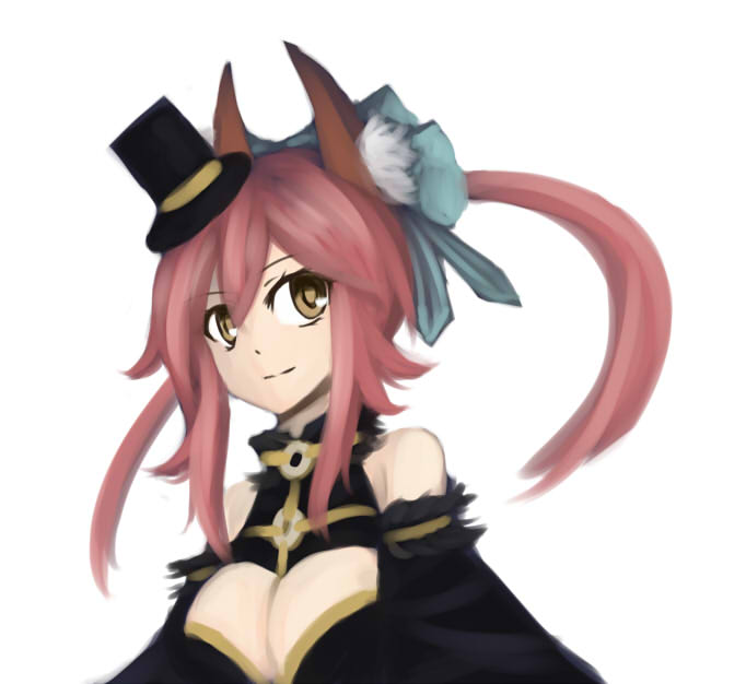 1girl, animal_ears, bare_shoulders, breasts, caster_(fate/extra), cleavage, cleavage_cutout, detached_sleeves, fate/extra, fate/extra_ccc, fate_(series), fox_ears, hair_ribbon, hat, large_breasts, looking_away, pink_hair, renshou_hito, ribbon, simple_background, solo, twintails, white_background, yellow_eyes
