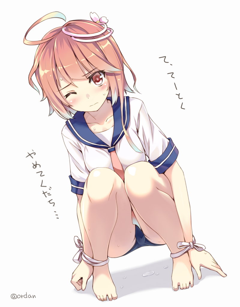 1girl, 3;, ahoge, amagai_tarou, barefoot, bdsm, bondage, hair_ornament, i-58_(kantai_collection), kantai_collection, one_eye_closed, pink_hair, red_eyes, school_swimsuit, school_uniform, serafuku, short_hair, solo, squatting, submarine, sweatdrop, swimsuit, swimsuit_under_clothes, tied_up, translated, twitter_username, white_background