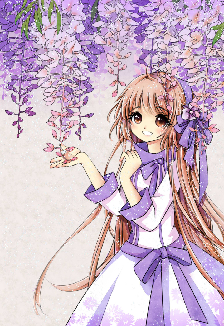 1girl, :d, absurdres, airbrush_(medium), antenna_hair, bangs, blunt_bangs, brown_eyes