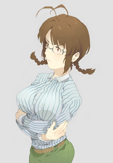 akusyu, antenna_hair, belt, braid, breasts, brown_eyes, brown_hair, casual