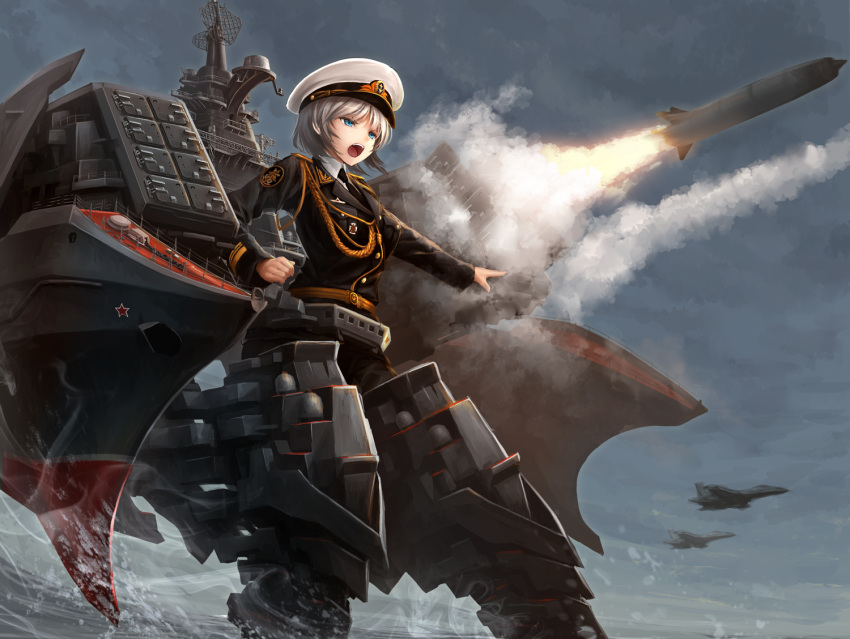 1girl, aiguillette, aircraft, airplane, blue_eyes, cloud, cloudy_sky, commentary_request