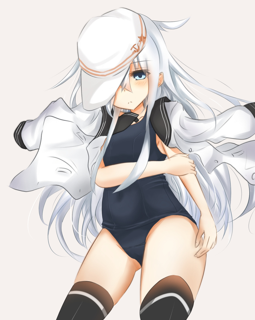 1girl, black_legwear, blue_eyes, blush, covered_navel, cowboy_shot, eve_(kenzen), hat_over_one_eye