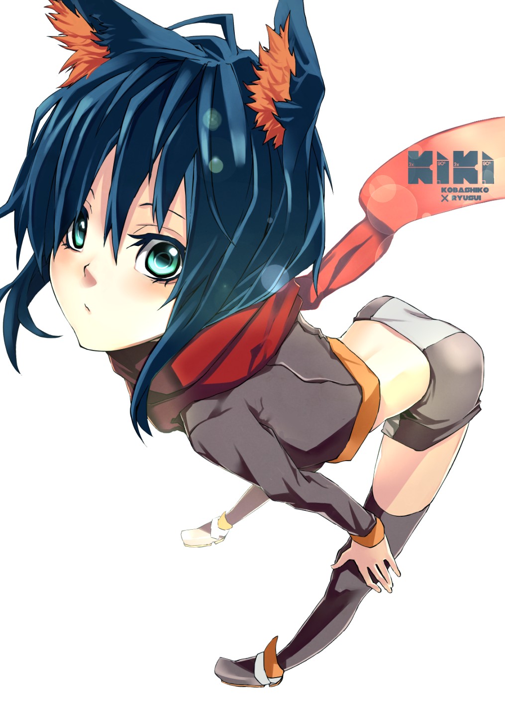 animal_ears, black_hair, blue_hair, borrowed_character, cat_ears, foreshortening, green_eyes, highres