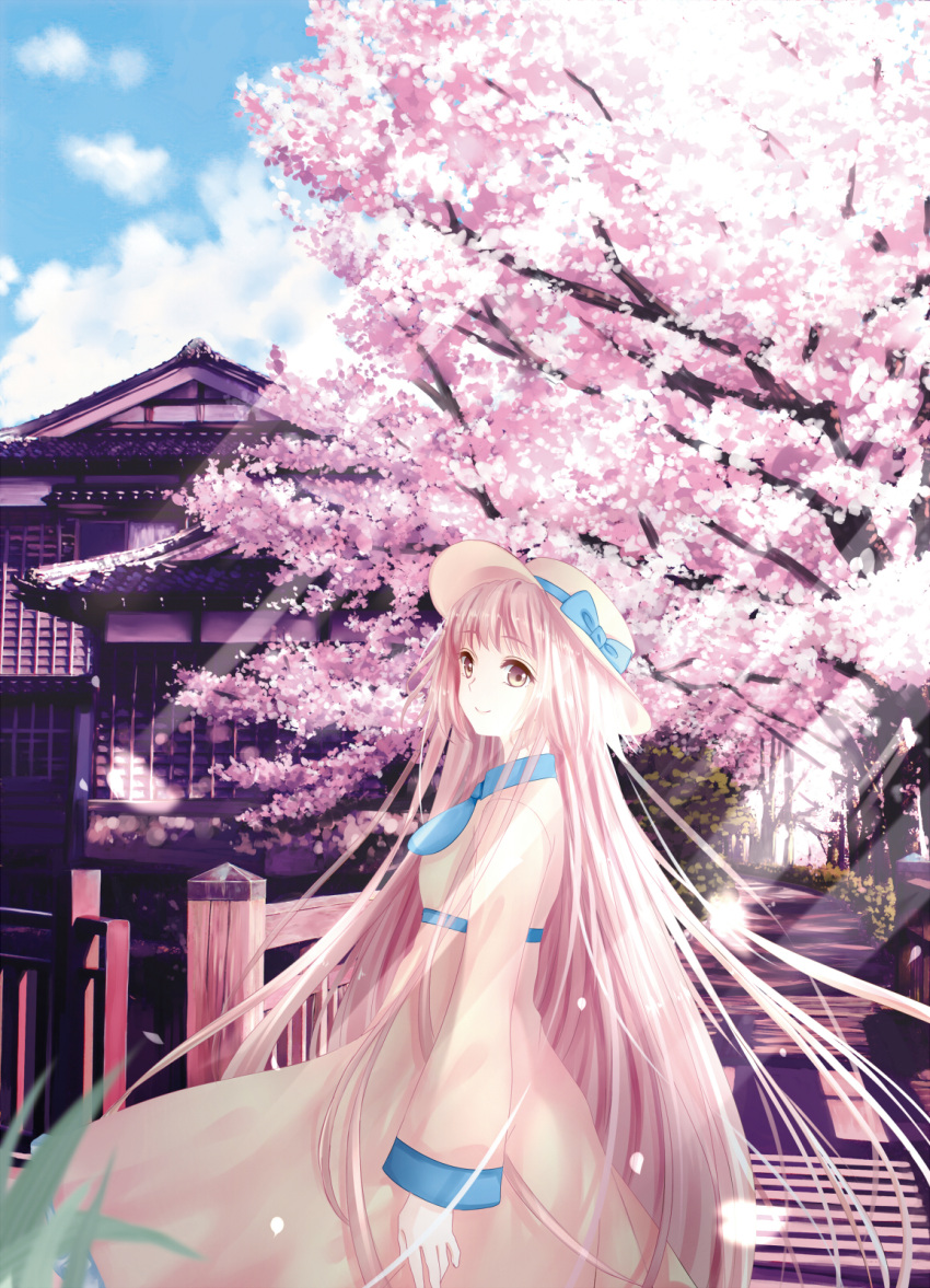 1girl, architecture, blurry, brown_eyes, brown_hair, building, cherry_blossoms, depth_of_field