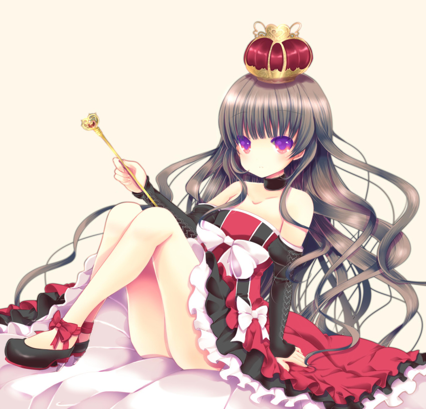 1girl, bare_arms, bare_shoulders, bow, brown_hair, choker, collarbone, crown, detached_sleeves, dress, frilled_dress, frills, highres, ichiru_(artist), long_hair, looking_at_viewer, off_shoulder, original, serious, simple_background, solo, violet_eyes, wand
