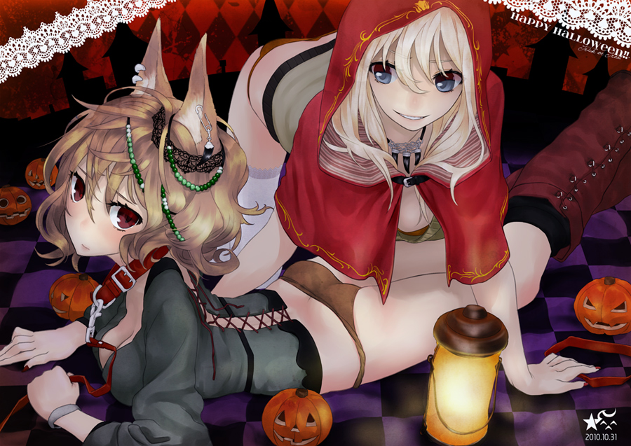 2girls, all_fours, animal_ears, ass, blue_eyes, boots, breasts, brown_hair