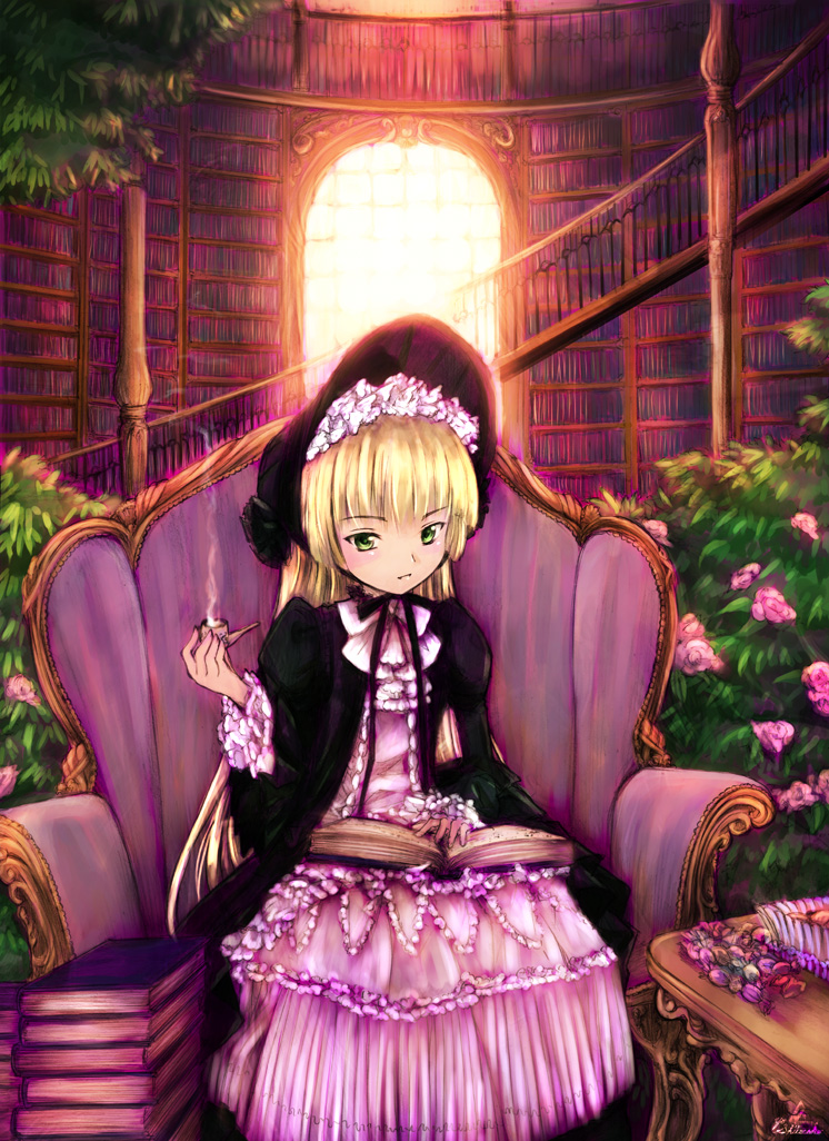 blush, book, dress, flower, frilly, gosick, gothic_lolita, green_eyes, hat, lolita_fashion, long_hair, pantyhose, pipe, ribbon, sitting, smoke, victorica_de_blois, victorique_de_broix
