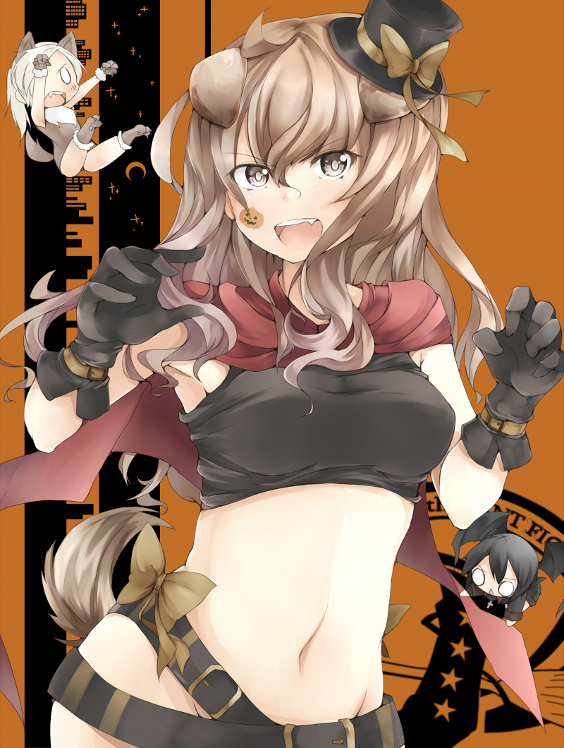 3girls, ahoge, animal_costume, animal_ears, bat_wings, belt, black_bra, black_gloves