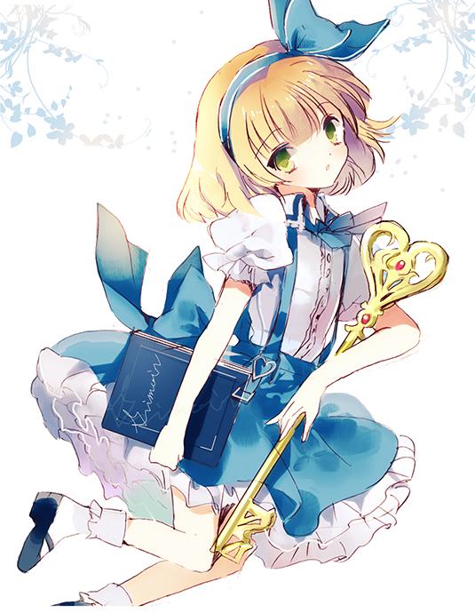 1girl, alice_margatroid, alice_margatroid_(pc-98), blonde_hair, book, bow, cierra_(ra-bit), floral_background, frilled_skirt, frills, green_eyes, hairband, key, looking_at_viewer, mary_janes, open_mouth, puffy_sleeves, shirt, shoes, short_hair, short_sleeves, simple_background, skirt, socks, touhou, touhou_(pc-98), vest, white_background, white_legwear