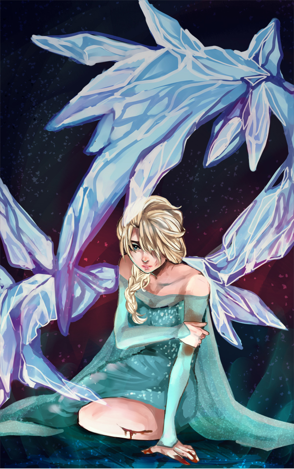 1girl, blonde_hair, blue_eyes, braid, dress, elsa_(frozen), frozen_(disney), injury
