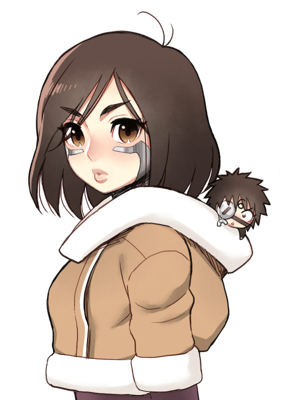 2girls, black_hair, cyborg, eyepatch, folks_(nabokof), gally, gunnm, gunnm:last_order, jacket, multiple_girls, pouty_lips, sechs, white_background