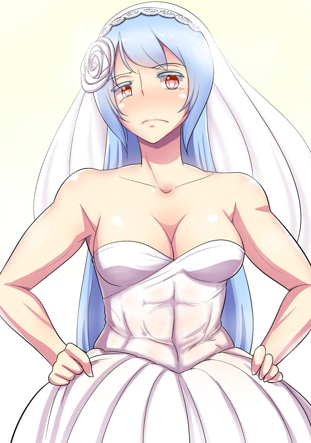 1girl, abs, alternate_costume, alternate_hairstyle, arcana_heart, bare_shoulders, bifidus, blue_hair