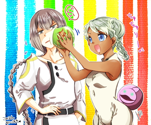 1boy, 1girl, bindi, blue_eyes, braid, dark_skin, fish, fishbowl