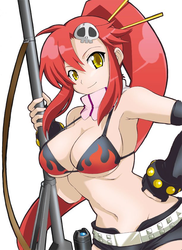 breasts, fingerless_gloves, fujimaru_arikui, gloves, gun, hair_ornament, long_hair, midriff