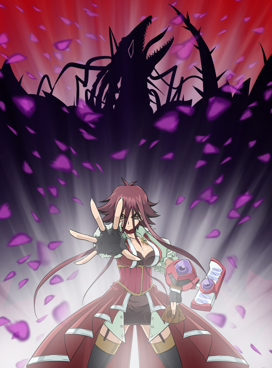 breasts, card, cards, cleavage, corset, dragon, duel_disk, fingerless_gloves