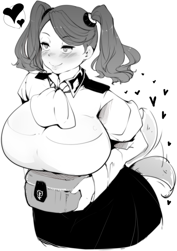 1girl, breasts, gundam, gundam_build_fighters, gundam_build_fighters_try, heart, huge_breasts, ironblood, long_hair, monochrome, plump, sazaki_kaoruko, smile, solo, tail, tail_wagging, twintails