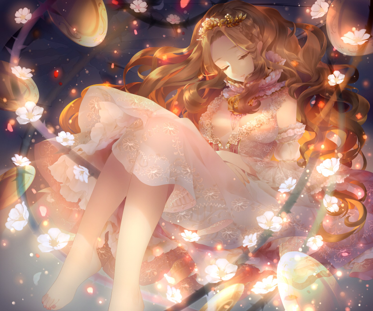 1girl, barefoot, brown_hair, closed_eyes, dress, flower, long_hair, matataki