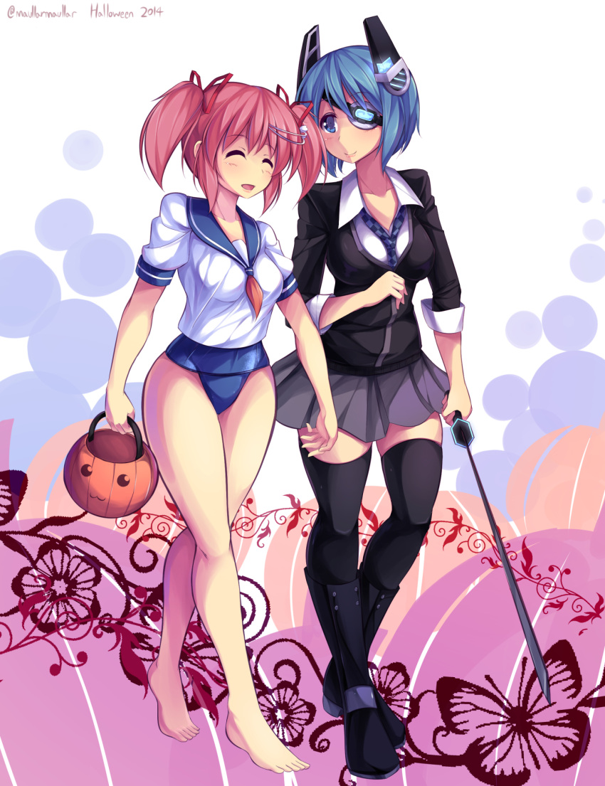 2girls, bare_shoulders, blue_eyes, blue_hair, cardigan, closed_eyes, cosplay, highres