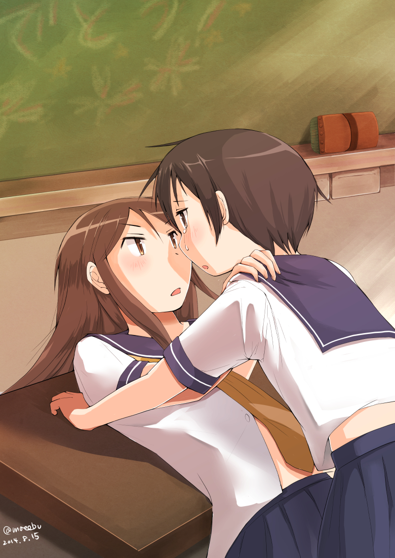 2girls, blush, brown_hair, classroom, desk, hasegawa_fumi, long_hair, multiple_girls, okano_kei, rainydayjp, school_uniform, serafuku, short_hair, tears, yuri, yuyushiki