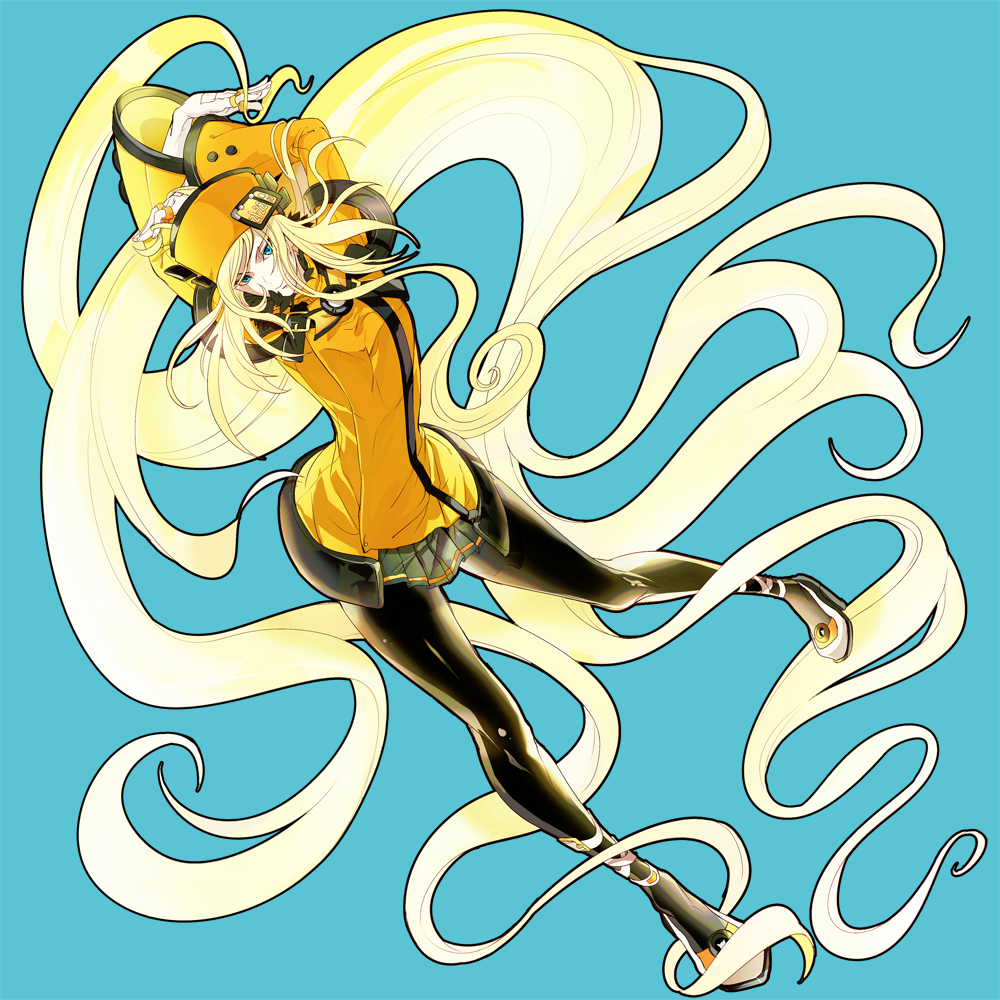 1girl, absurdly_long_hair, arms_up, belt_buckle, black_legwear, blonde_hair, blue_background, blue_eyes