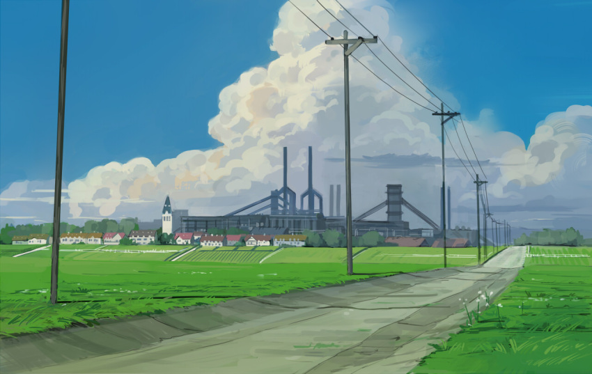 blue_sky, building, clouds, dirt_road, flower, grass, no_humans, original