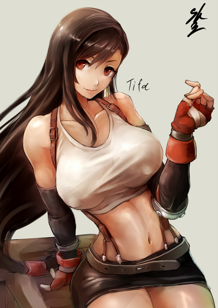 1girl, black_hair, breasts, brown_eyes, character_name, final_fantasy, final_fantasy_vii, fingerless_gloves