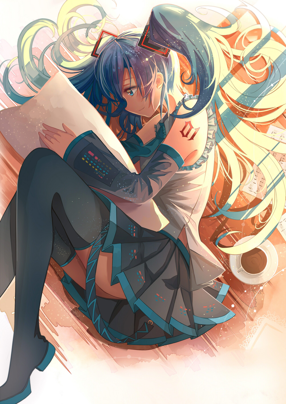 1girl, detached_sleeves, frills, hair_ornament, hatsune_miku, highres, hunxiao_xingshuang, long_hair