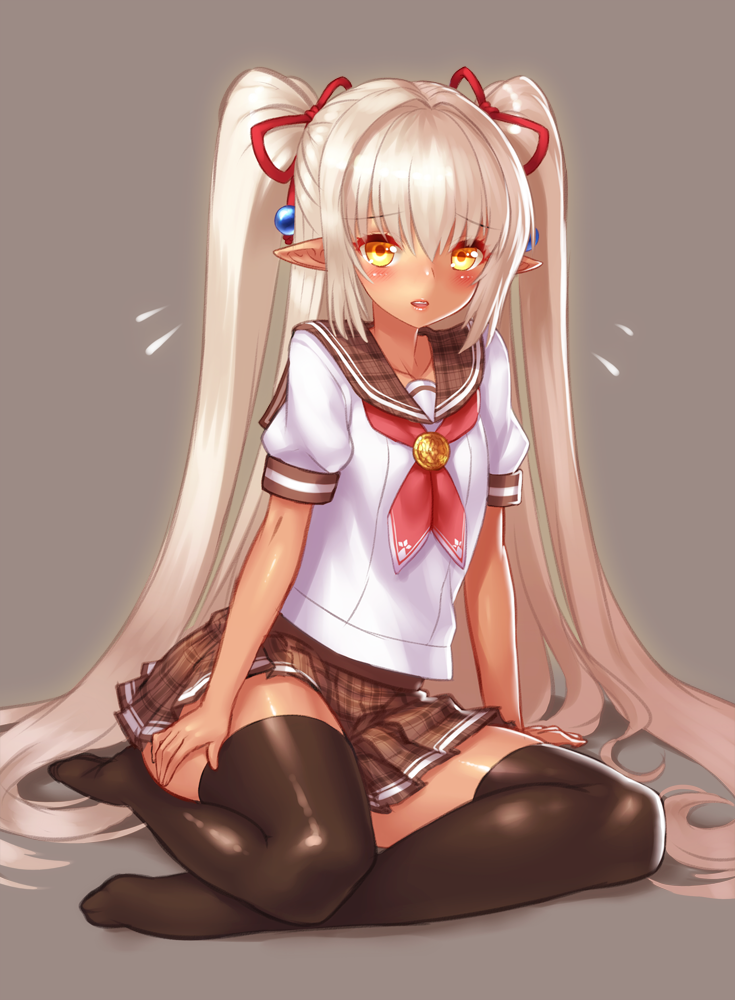 1girl, black_legwear, blush, bowtie, collarbone, dark_elf, dark_skin, elf, grey_background, hair_ornament, hair_ribbon, long_hair, looking_at_viewer, neckerchief, original, payot, pleated_skirt, pointy_ears, red_ribbon, ribbon, school_uniform, serafuku, shiny, shiny_skin, short_sleeves, silver_hair, sitting, skirt, solo, sweatdrop, thigh-highs, twintails, very_long_hair, yapo, yellow_eyes