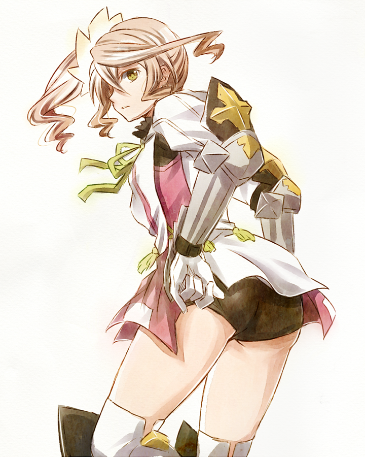 1girl, alisha_(tales), boots, brown_hair, buruma, elbow_gloves, gauntlets, gloves