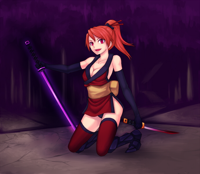 cleavage, dark_persona, final_fantasy_iii, kuroitsuki, ninja, ponytail, red_eyes, redhead, refia, sword, thigh-highs