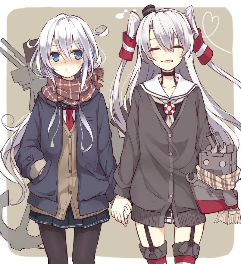 2girls, amatsukaze_(kantai_collection), anchor, anchor_symbol, berukko, black_legwear, blue_eyes, blush