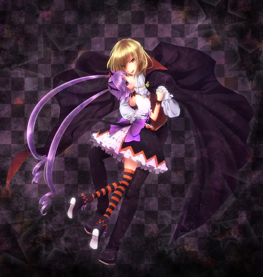 1boy, 1girl, alternate_costume, blonde_hair, cape, checkered, checkered_background, dancing