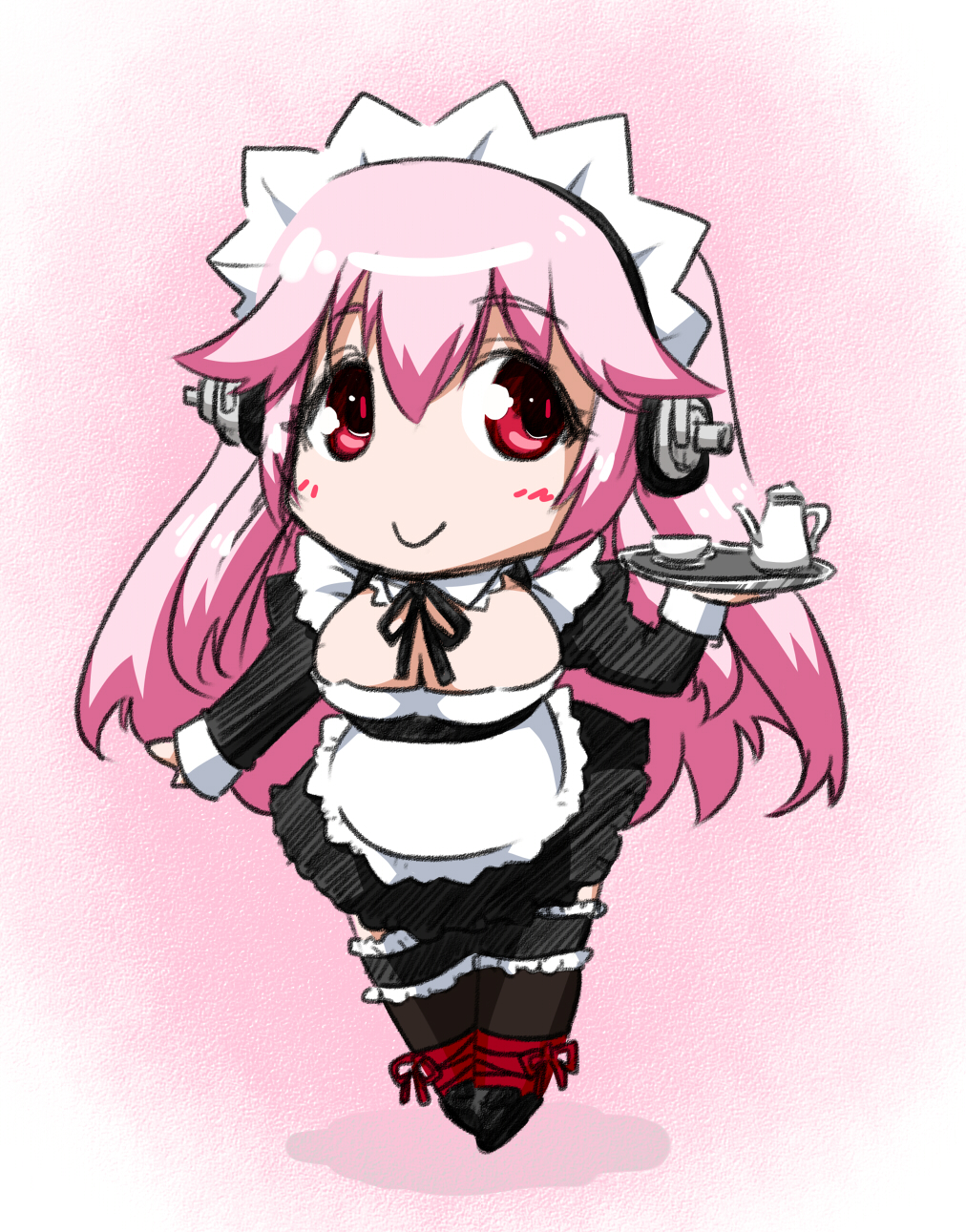 1girl, :>, alternate_costume, apron, blush, breasts, chibi, cleavage