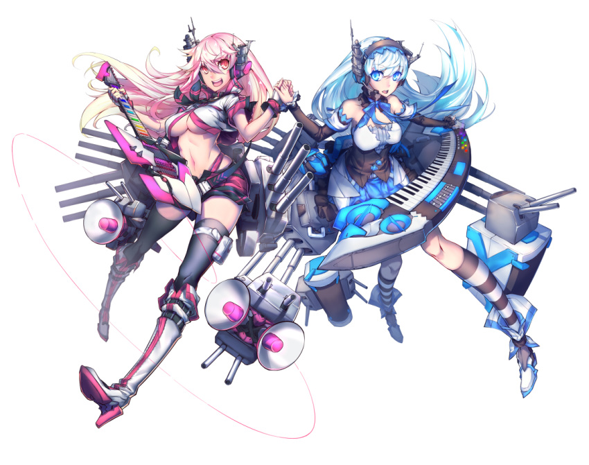 2girls, alaska_(warship_girls_r), bare_shoulders, blue_eyes, breasts, comic, detached_collar, detached_sleeves, guam_(warship_girls_r), guitar, gun, headset, high_heels, holding_hands, instrument, keyboard_(instrument), kneehighs, long_hair, loudspeaker, mecha_musume, midriff, multiple_girls, ntrsis, personification, pink_hair, red_eyes, ribbon, shorts, striped, striped_legwear, thigh-highs, under_boob, warship_girls_r, weapon