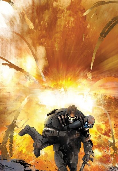 battle, dutch_(halo), explosion, gun, halo_(game), m7, odst, power_suit, romeo_(halo), submachine_gun, weapon