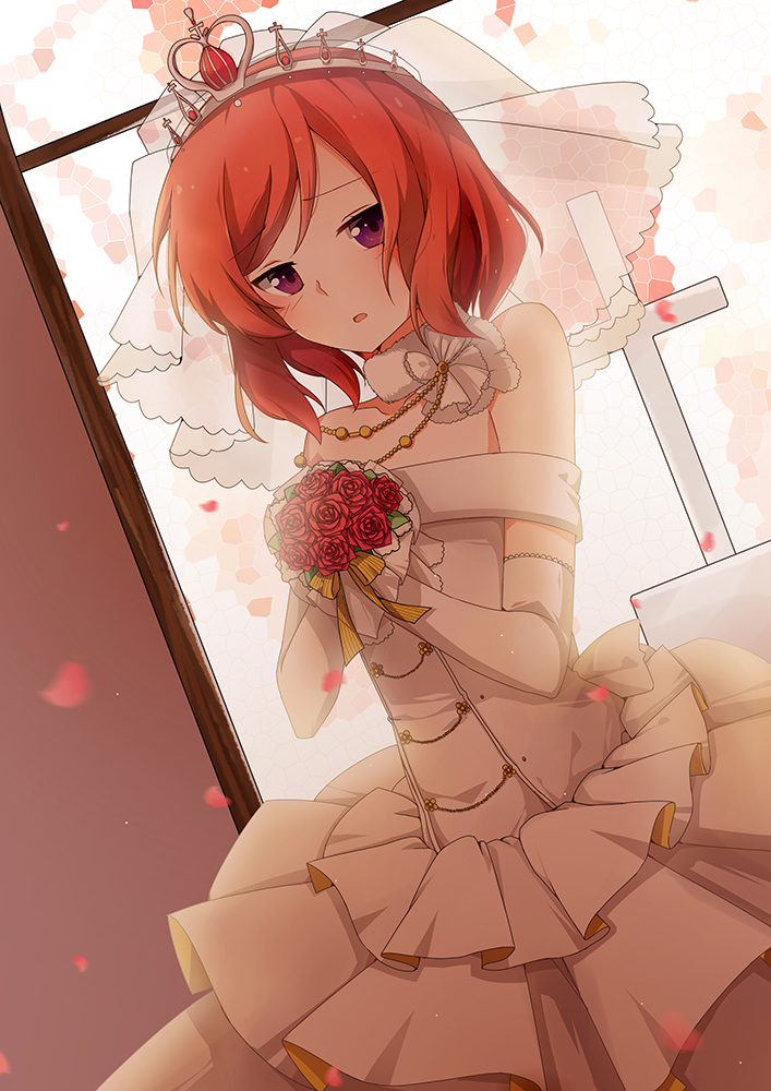 1girl, bare_shoulders, blush, bouquet, dress, elbow_gloves, flower, gloves