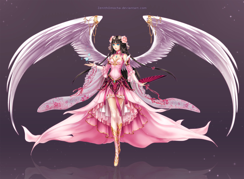 1girl, angel, angel_wings, black_hair, blue_eyes, braid, detached_sleeves, dress, fan, flower, full_body, highres, jewelry, lips, long_hair, omocha-san, original, parted_lips, pink_dress, reflection, reflective_floor, see-through, thigh-highs, watermark, web_address, white_legwear, wide_sleeves, wings