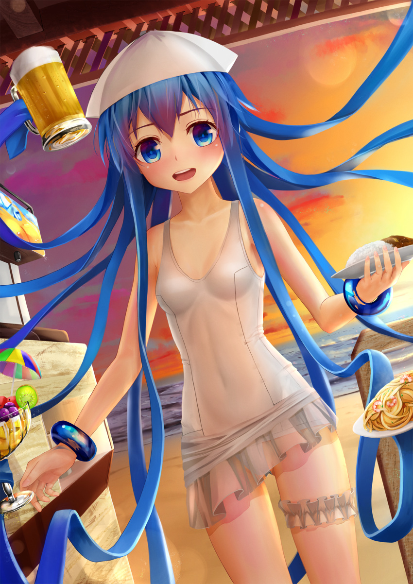 1girl, aki99, alcohol, beach, beer, beer_mug, blue_eyes, blue_hair