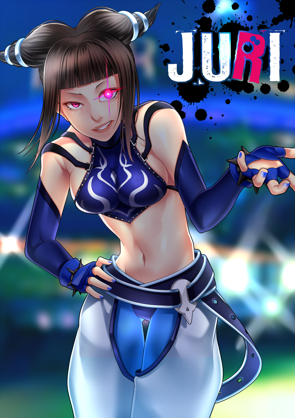 1girl, baggy_pants, bangs, black_hair, blue_legwear, blunt_bangs, bracelet, breasts