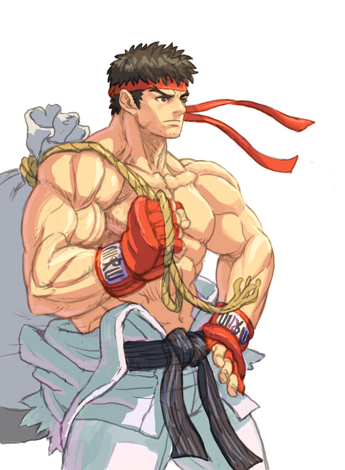 1boy, bag, bingoman, black_hair, clothes_around_waist, dougi, duffel_bag, eyebrows, facial_hair, fingerless_gloves, gloves, hand_on_hip, headband, muscle, rope, ryuu_(street_fighter), shirtless, short_hair, solo, standing, street_fighter, street_fighter_iii, stubble, thick_eyebrows
