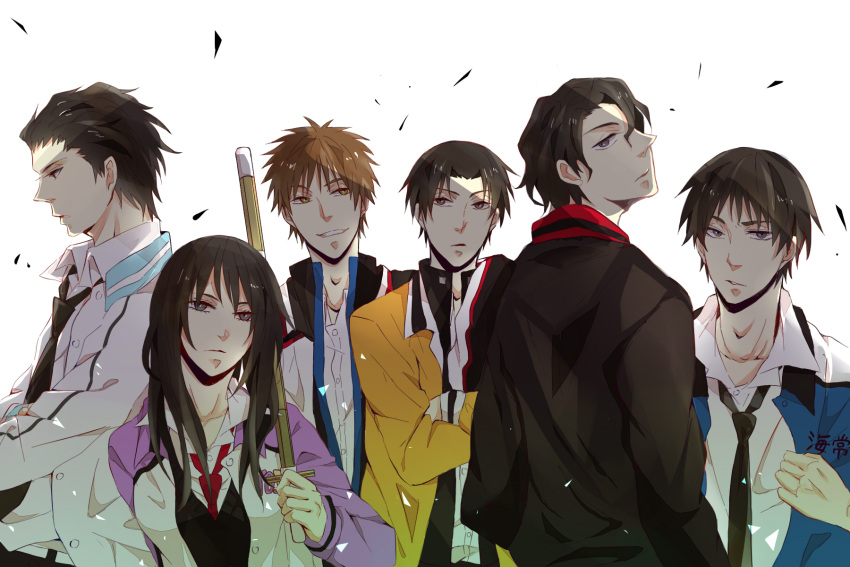 1girl, 5boys, aida_kagetora, araki_masako, black_hair, brown_hair, harasawa_katsunori, highres