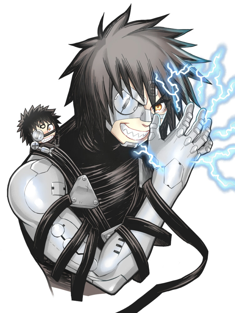 black_hair, cyborg, dual_persona, electricity, eyepatch, folks_(nabokof), grin, gunnm, gunnm_last_order, number, sechs, short_hair, smile, spiky_hair, yellow_eyes