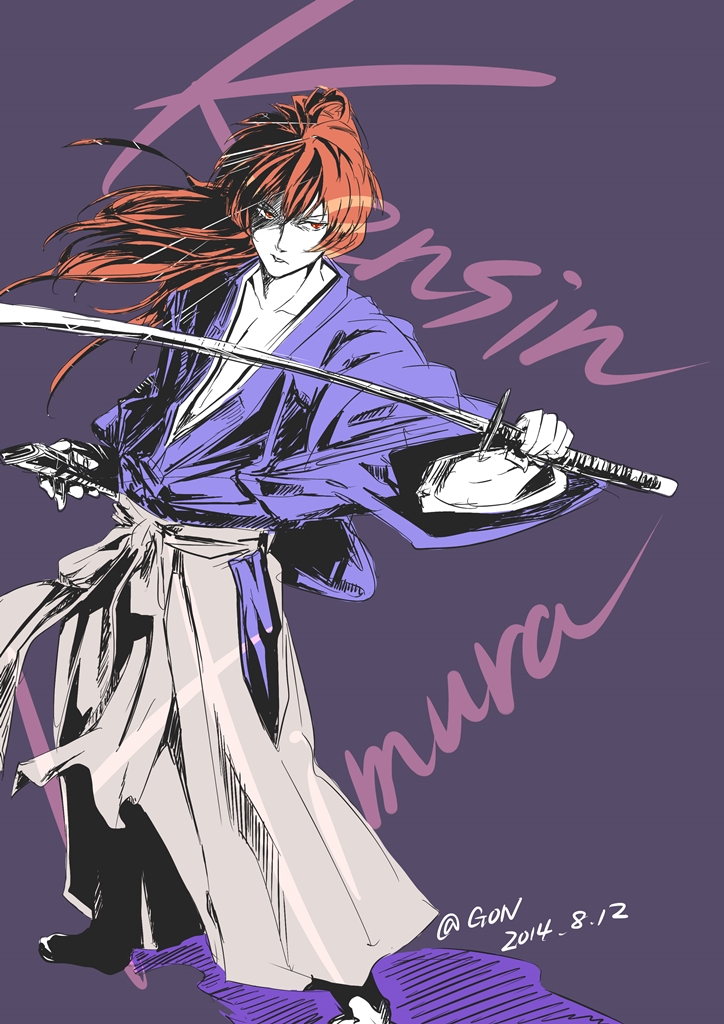 1boy, dandyman-girl, himura_kenshin, japanese_clothes, katana, ponytail, red_eyes, redhead, rurouni_kenshin, scar, solo, sword, weapon
