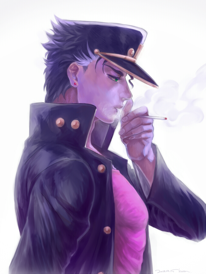 1boy, blue_hair, cigarette, green_eyes, hat, jojo_no_kimyou_na_bouken, kuujou_joutarou, profile