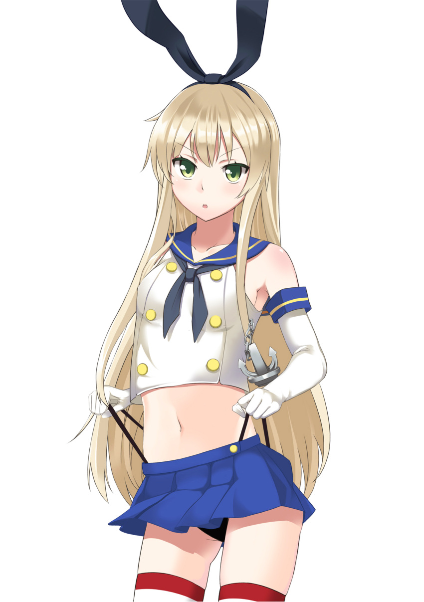 1girl, :o, anchor_hair_ornament, black_panties, cowboy_shot, elbow_gloves, gloves, green_eyes