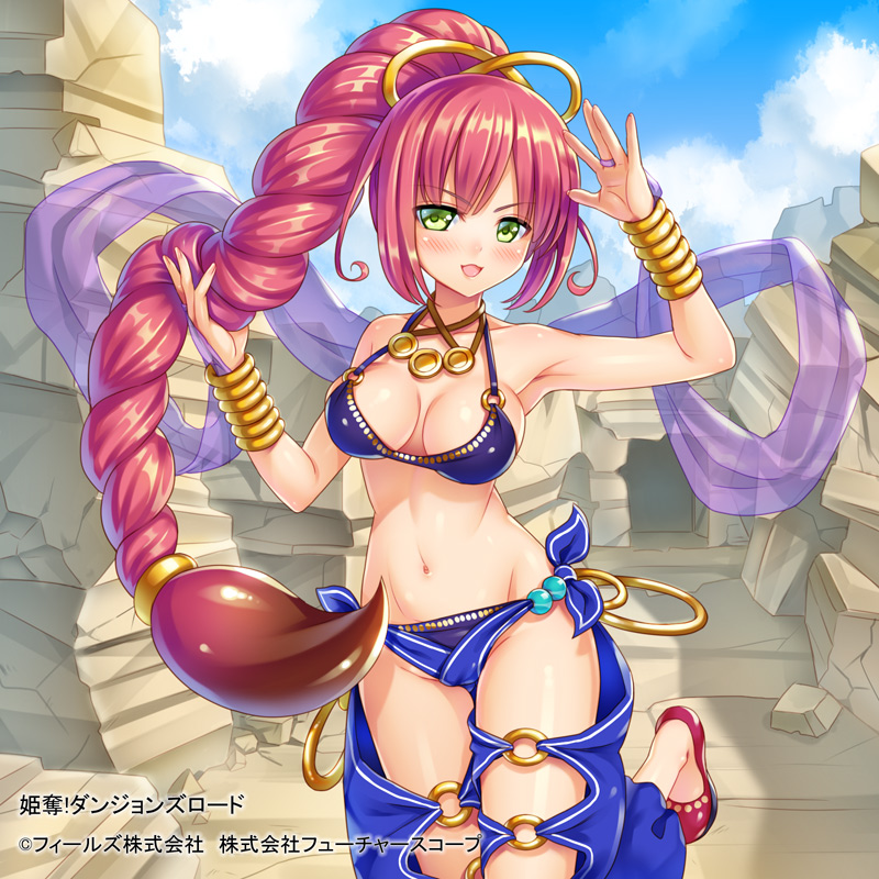 1girl, armor, armpits, bikini_armor, blush, bracelet, braid, breasts